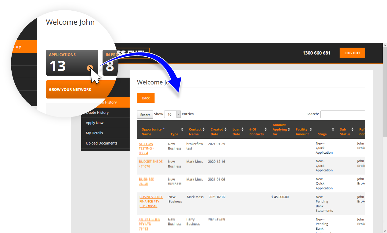 Applicaiton history view in the broker portal