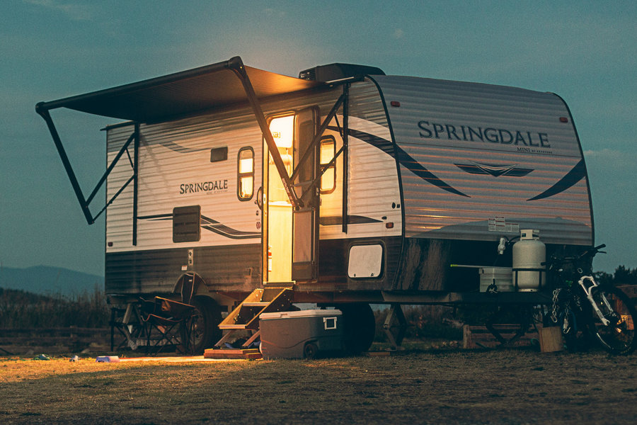 A caravan at dusk